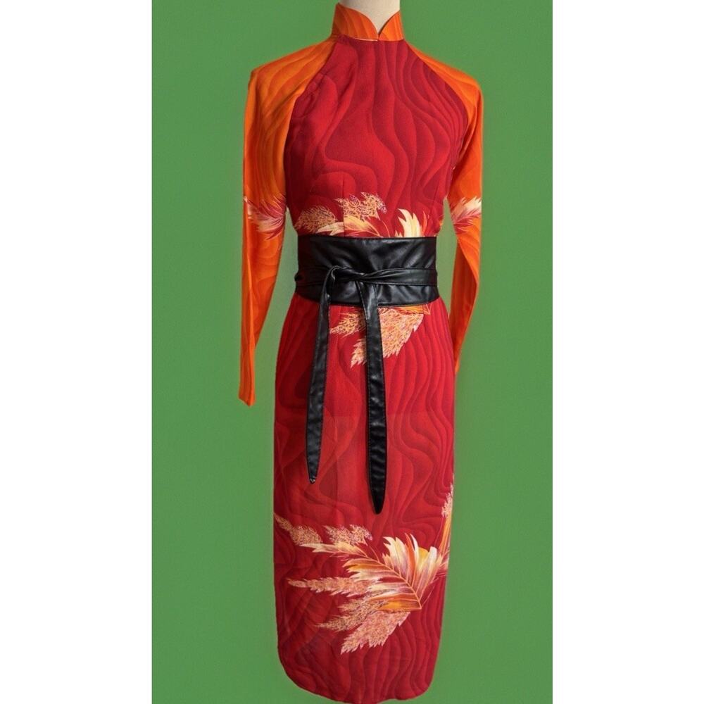 1970s Vintage Psychedelic Asian Inspired Hostess Dress | Mod Maxi | Side Slit